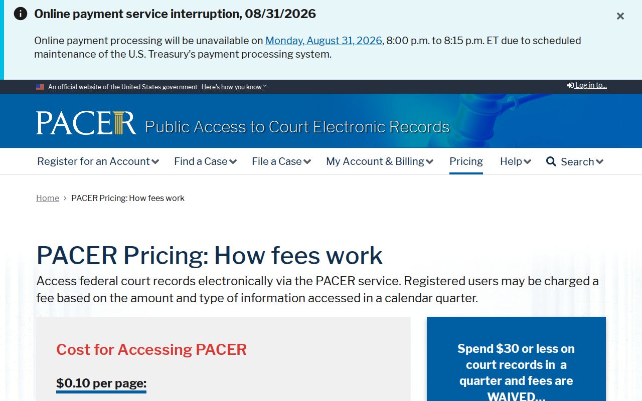 Lawrence County docket search PACER pricing details