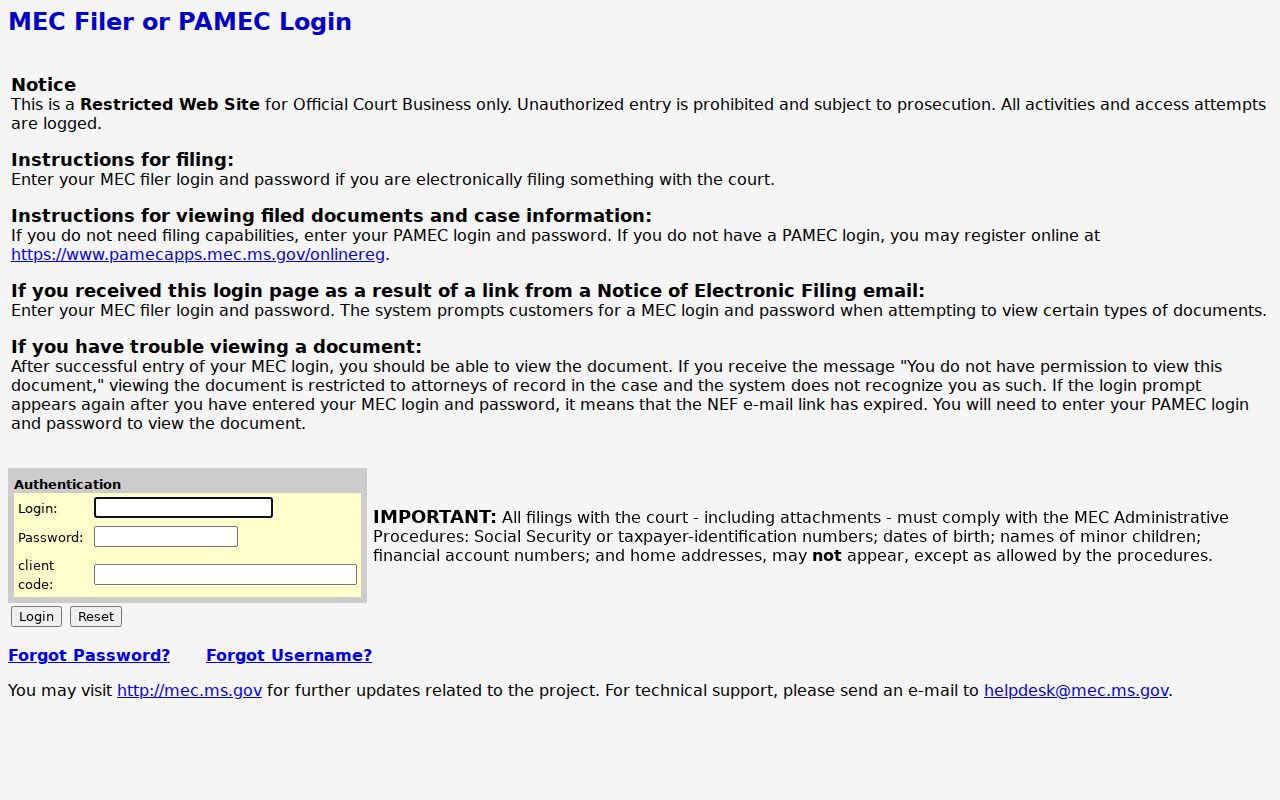 Lawrence County civil court docket Thirteenth Chancery MEC login gate