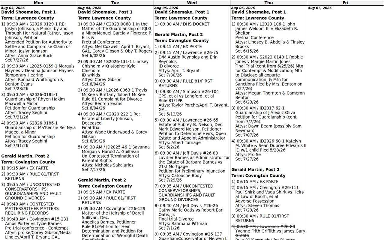 Lawrence County court schedule Chancery calendar report